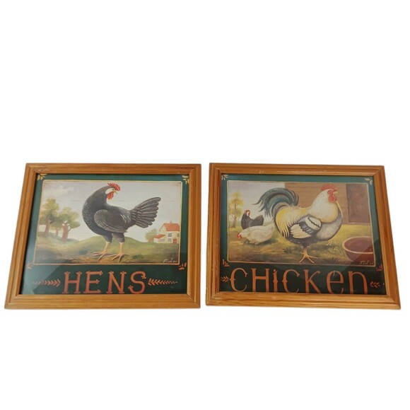 Vintage Chicken and Hen Pictures Framed Prints Farmhouse Country 9" X 11" Two - Picture 1 of 10